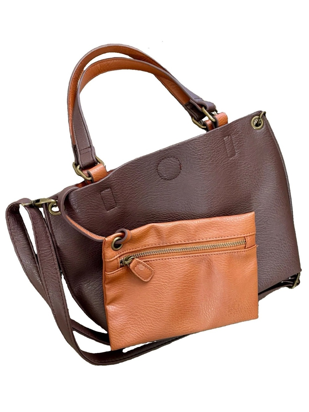 VTG 80s 90s GH BASS &CO 2PC Reversible Leather Tote Bag Adjustable Xbody BRN/TAN